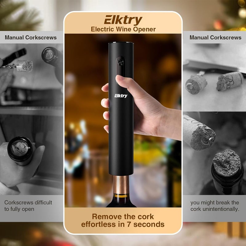 Elktry فتاحة نبيذ كهربائية، فتاحة زجاجات نبيذ كهربائية، فتاحات زجاجات نبيذ تعمل بالبطارية مع قاطع رقائق، صب النبيذ وسدادات فراغ، هدية عيد الميلاد لعشاق النبيذ - Image 2